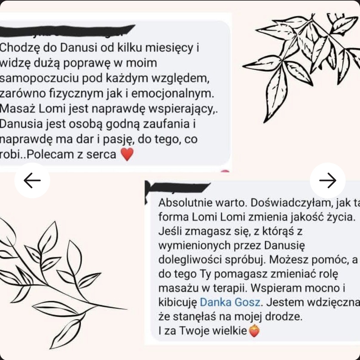 Oryginalny zrzut opinii o masażu u Danuty, pierwsza wiadomość