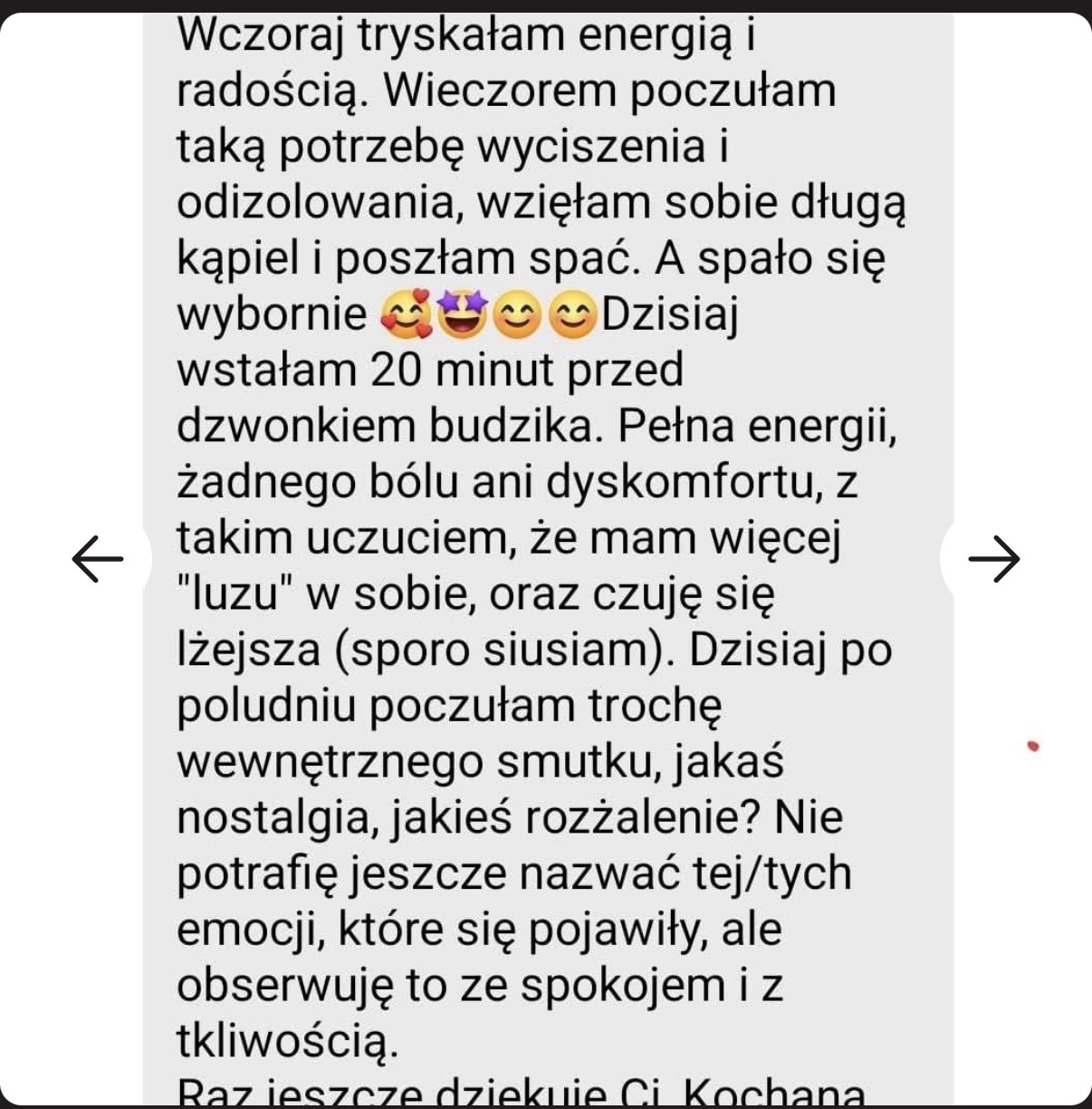 Oryginalny zrzut wiadomości klientki o samopoczuciu po sesji